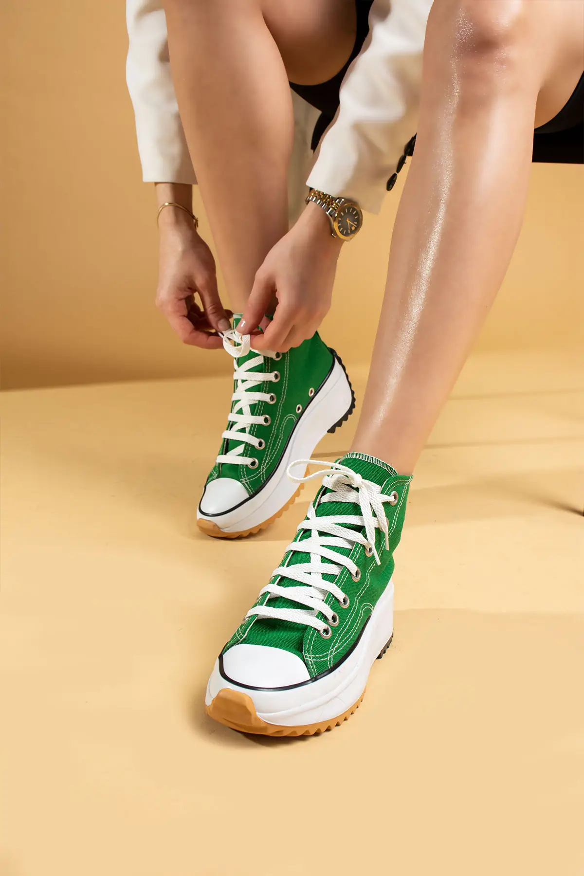 Pembe Potin Bağcıklı Rahat Kalın Taban Bilekte Keten Kadın Sneakers 55-1000-23 - Yeşil