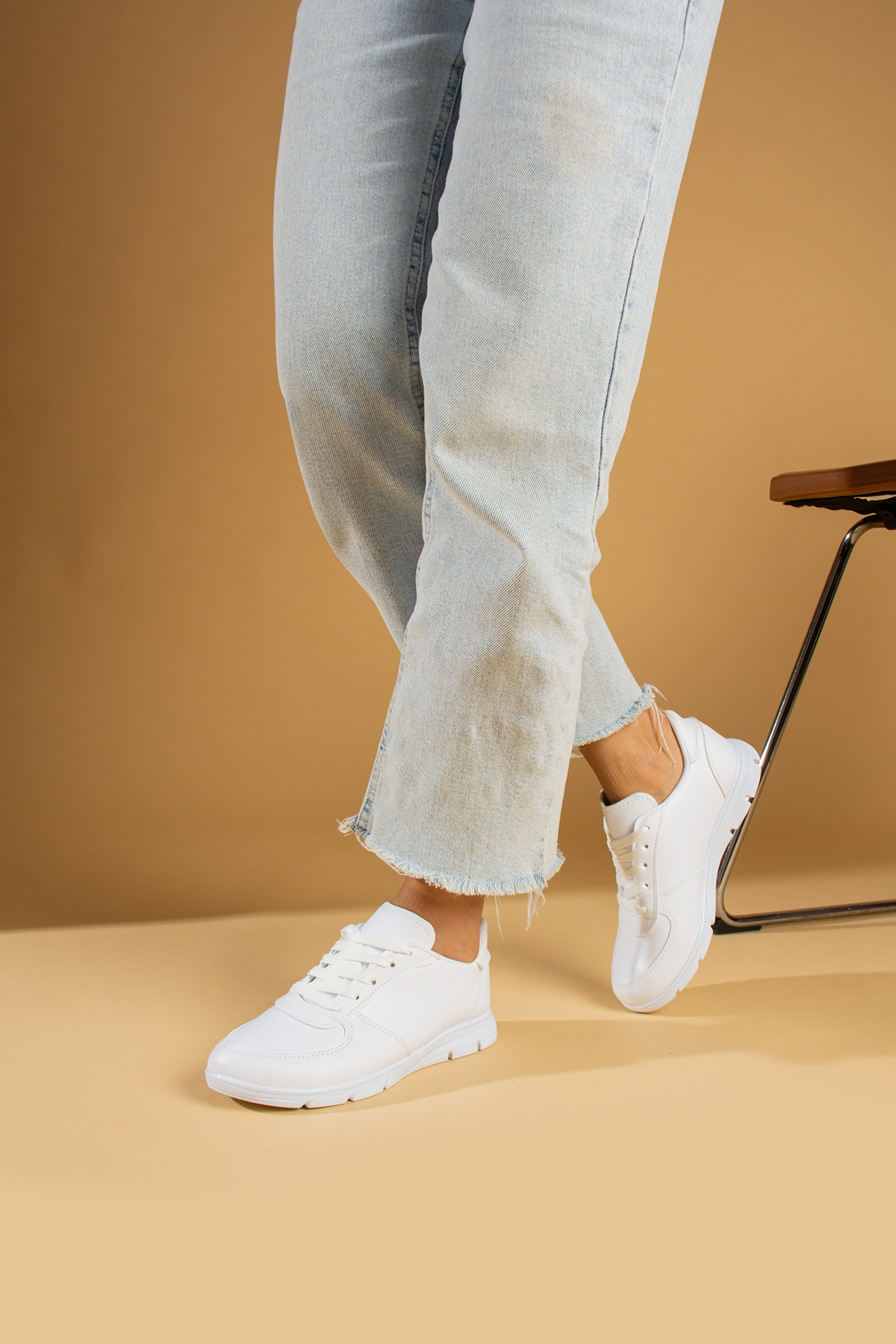 Pembe Potin Bağcıklı Comfort Taban Kadın Sneaker A1971-23Cilt - Beyaz
